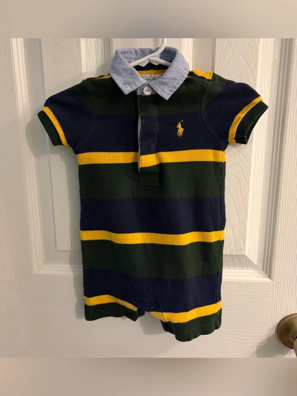 Ralph Lauren Classic Boy's Polo-Style Romper Green/Blue/Yellow Stripes Size 3M